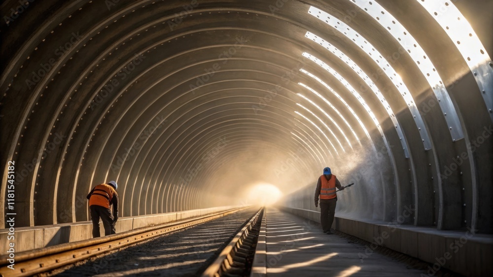Aufkleber A detailed exploration of the curved edge of a tunnel segment meeting its neighbor highlighting the precision required in the alignment. Dust particles drift in the sunlight