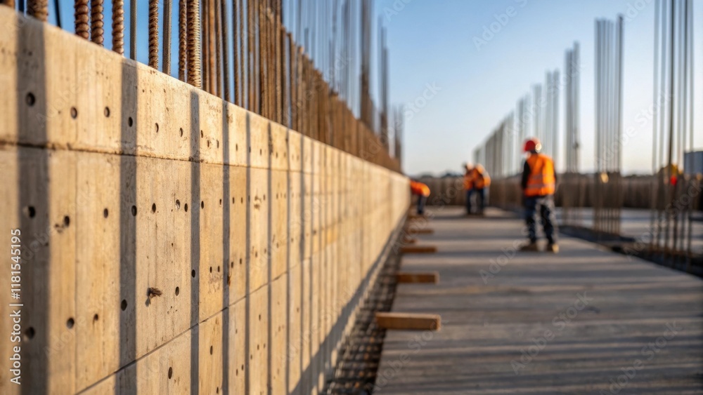 Poster a detailed examination of the construction site reveals the textured surface of the concrete walls m