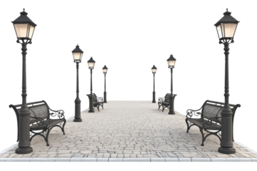 Serene Cobblestone Pathway with Elegant Lamp Posts and Benches at Night