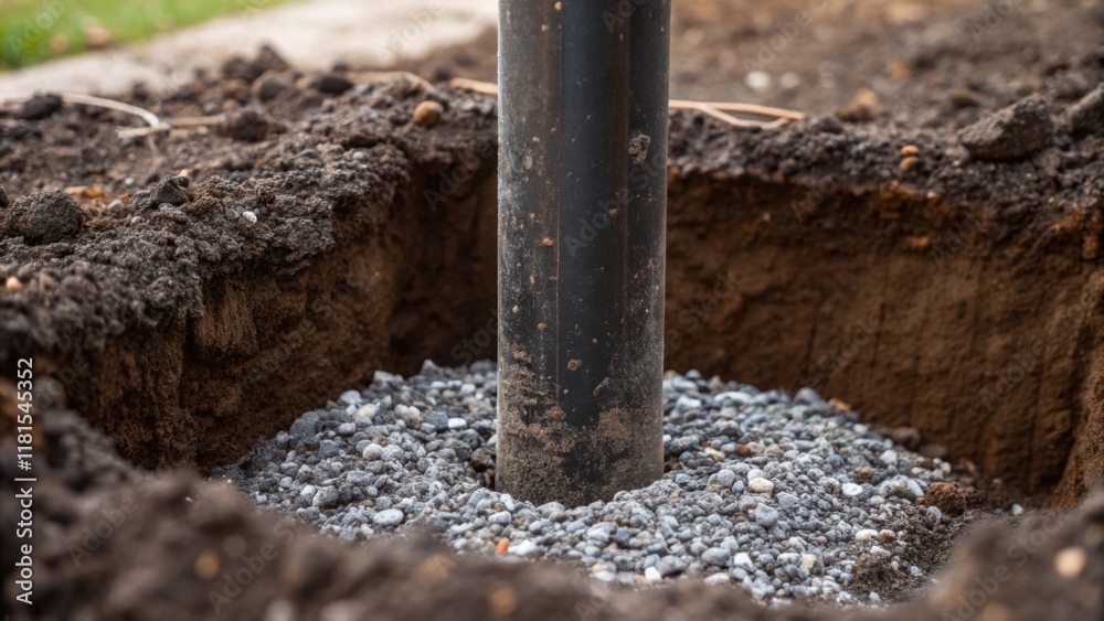Poster a detailed image encompassing the dark rich soil around the base of a drilled pile accented by speck