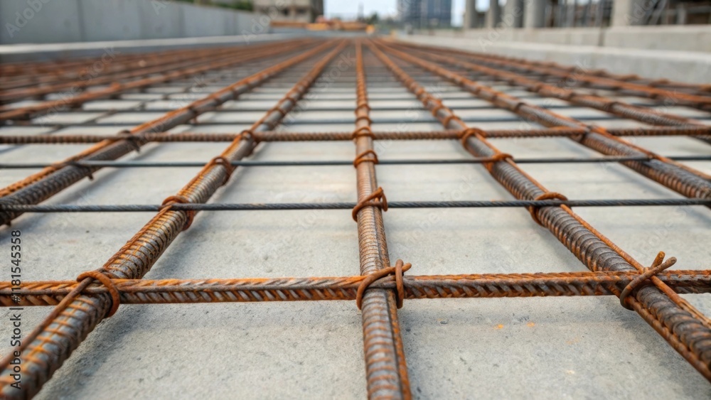 Poster A detailed image focusing on the horizontal and vertical arrangements of rebar tightly bound together with wire ties forming a skeletal grid. The rusty steel contrasts sharply with