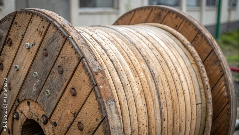 Poster a detailed image capturing the intricate details of a cable spool where the textured wood grains int
