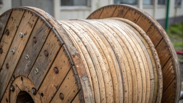 A detailed image capturing the intricate details of a cable spool where the textured wood grains intersect with the metal fasteners holding it together. The realistic depiction