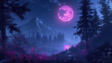 Fototapeta premium Enchanting wolf with glowing eyes in a mystical forest illuminated by a full moon. Snowflakes and autumn foliage enhance the magical setting. Generative by AI.