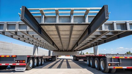 A detailed image showcasing the flatbed trailers structural elements in conjunction with the viaduct sections. The combination of industrial steel beams and the solid mass of
