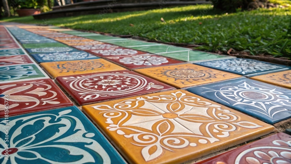 Poster A detailed look at a selection of colorful ceramic tiles each patterned with intricate designs. Laid out in a mosaiclike fashion their glossy surfaces reflect snippets of sunlight