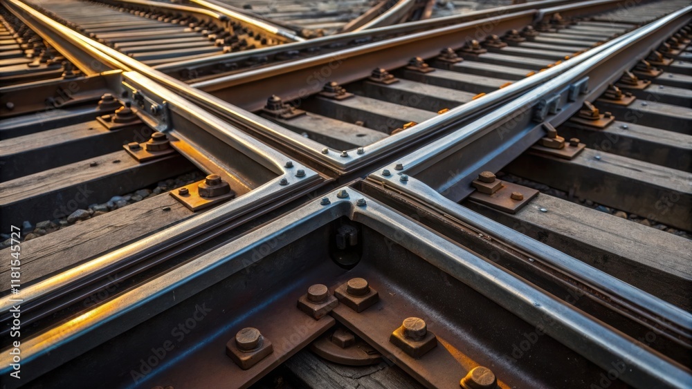 Poster A detailed look at the junction where multiple overhead rail supports converge revealing complex interlocking joints. The metallic hues reflect the surrounding environment creating