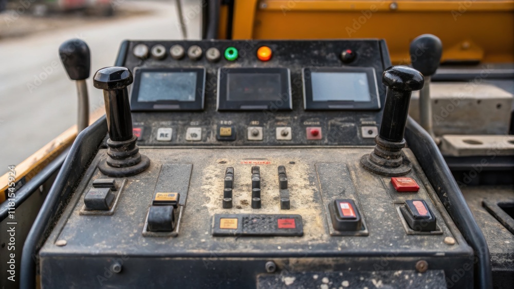 Aufkleber A detailed perspective on the control panel of a roadway milling machine featuring an array of levers buttons and digital displays. The panel is slightly worn from use with smudges