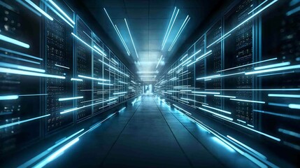 Futuristic server room with glowing data streams.