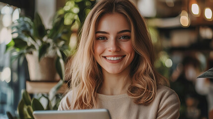 Smiling professional woman using a tablet in a modern indoor green setting