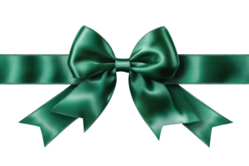 Green satin bow with elegant ribbon loops, festive decoration for gifts, luxury wrapping, holiday celebration, and stylish ornament concept isolated on transparent background