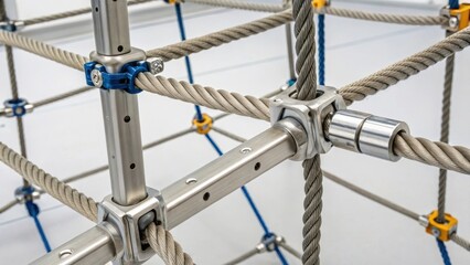 A detailed shot of a modular frame composed of strong metallic connectors displaying various attachment points and hinges. This image highlights the versatility of the components