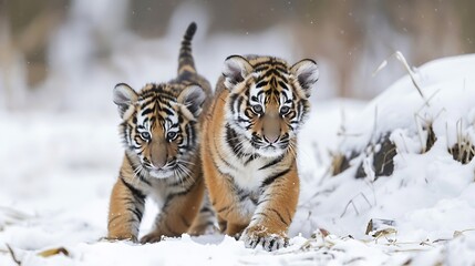 Obraz premium Tiny tiger cubs scavenging in the winter