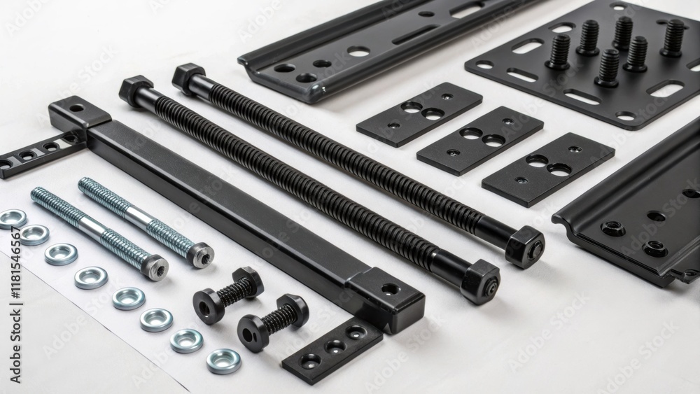 Poster a detailed shot of the assembly components including bolts and hinges tered ast the preassembled par