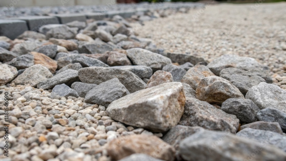 Poster A detailed shot of the gravel bed after compaction focusing on the small gaps between rocks that are now filled with finer particles enhancing stability. This image captures the
