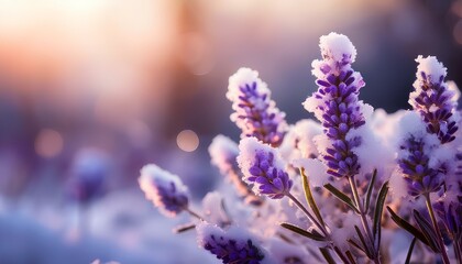 lavender flowers studded with snow in winter with copy space. snow covered purple flower. frost in flowers.
