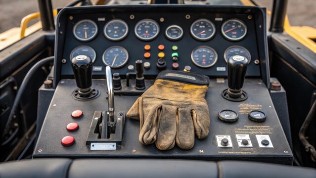 A detailed shot of the control panel of an asphalt paving machine showcasing an array of dials and levers with wornout rubber gloves resting on the console hinting at the hard work