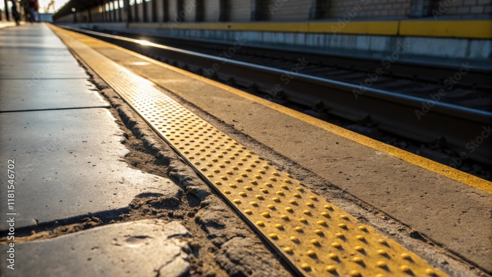 Poster a detailed shot of the subway platform edge where dirt meets the edge of a metal form. the light cas