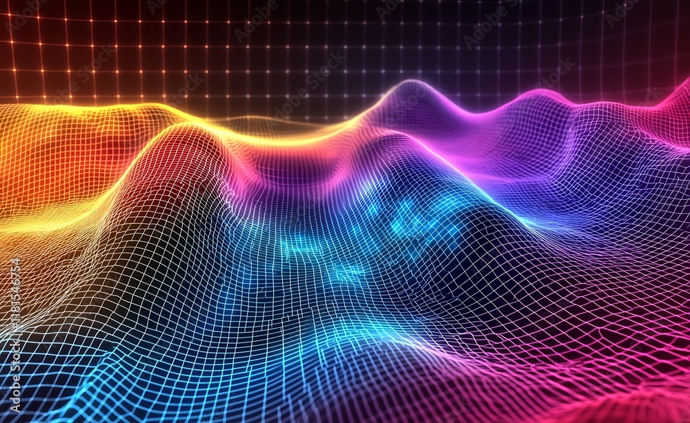 Leinwandbilder Vibrant Neon Wireframe Grid with 3D Geometric Wave Pattern in Glowing Colors : Generative AI