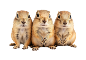 Three prairie dogs standing together, curious group portrait of cute wildlife animals with natural fur texture, desert rodents in nature photography isolated on transparent background