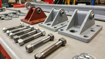 Fototapeta premium A detailed shot of various steel connectors and fastening mechanisms laid out on a workbench revealing the fine points of design and functionality. Each piece glimmers with a fresh