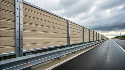 Fototapeta premium A detailed shot revealing the connection between two noise barrier panels with metallic brackets securing them together. The rugged surface of the panels contrasts against the