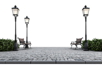 Symmetrical cobblestone pathway with benches and lamps, tranquil urban park scene