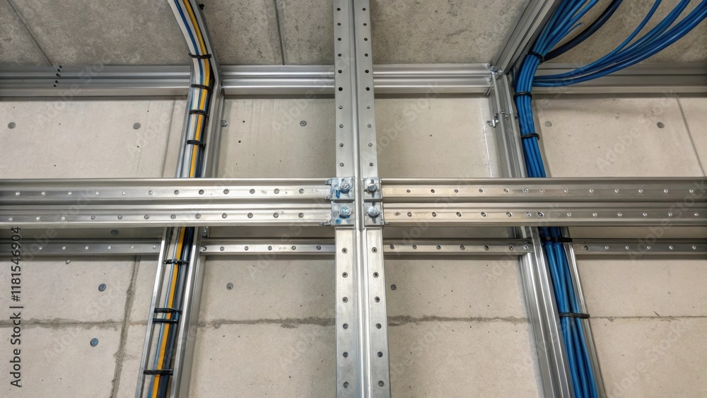Aufkleber A detailed view of a cable tray junction where multiple trays intersect and converge. The gleaming metal edges are contrasted against the rough unfinished concrete walls