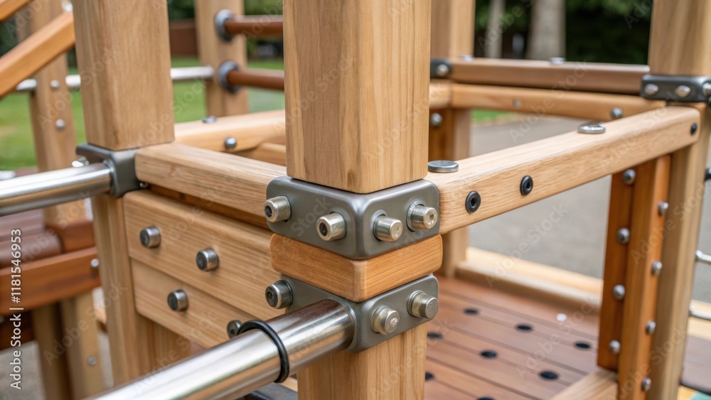 Poster A detailed view of a multitiered play structure showing wooden and metal components with visible assembly joints highlighted by rustresistant fittings. The organic wood grain
