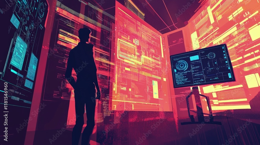 Wall mural silhouette of a person in front of a screen filled with digital data, codes, and futuristic interfac