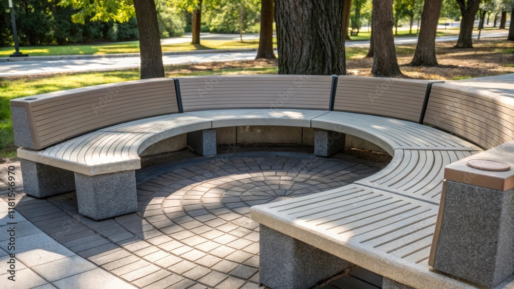 Poster A detailed view of a newly installed modular park bench with a textured surface designed for comfort. Several benches are arranged in a semicircle promoting social interaction a