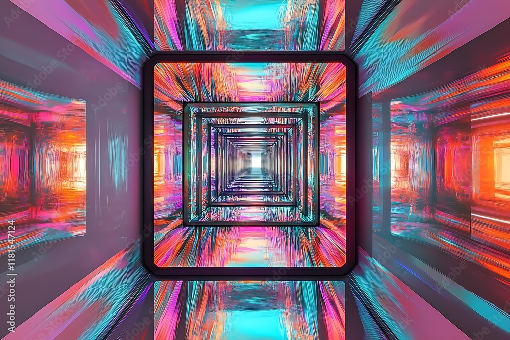 Poster vibrant abstract geometric light tunnel with neon colors and infinite reflections : generative ai