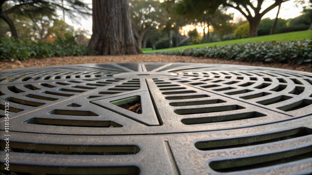 Poster A detailed view of a tree grate featuring a geometric design that integrates with the surrounding landscape. The metal sheen catches the afternoon light reflecting nearby greenery