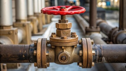 A detailed view of a valve assembly on a large water main showcasing the intricate mechanics involved in regulating flow. The bright red handle stands out against the aged brass