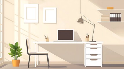 Modern workspace with desk, laptop, and plant.