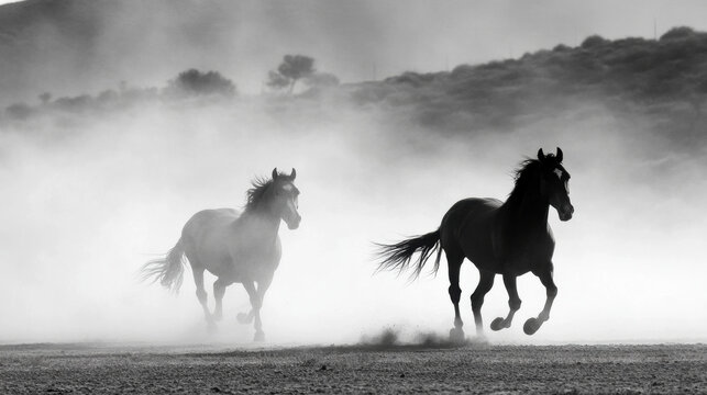 Two horses running freely in dusty open field, white and black tones