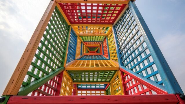 A detailed view of a vibrant multilevel tower made of interlocking square panels with an open lattice design that encourages air flow and visibility. Each section is painted in