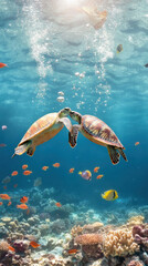 Two turtles kissing underwater surrounded by colorful fish and coral reefs