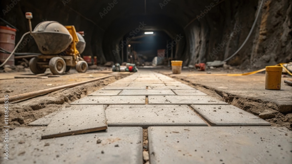 Poster a detailed view of the tunnel floor strewn with debris dust and construction materials. scattered ar