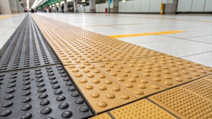 A detailed view of tiles designed with tactile surface patterns intended to guide visually impaired pedestrians. The contrasting textures of raised dots and grooves create a