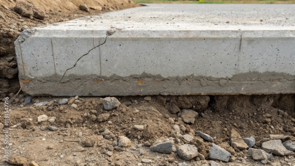 Poster A detail shot of the base of a precast concrete barrier where it is slightly embedded into the ground revealing the uneven earth and small rocks that have shifted around its heavy