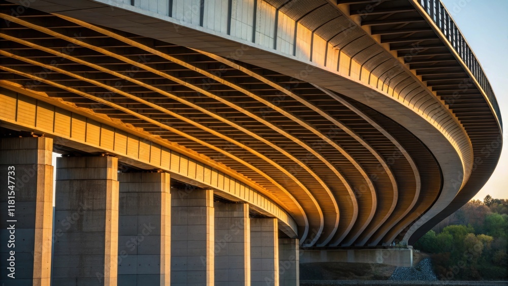 Aufkleber A diagonal closeup that captures the curvature of a large expansion joint revealing how it interfaces with the bridges superstructure. The interplay of light and shadow accentuates