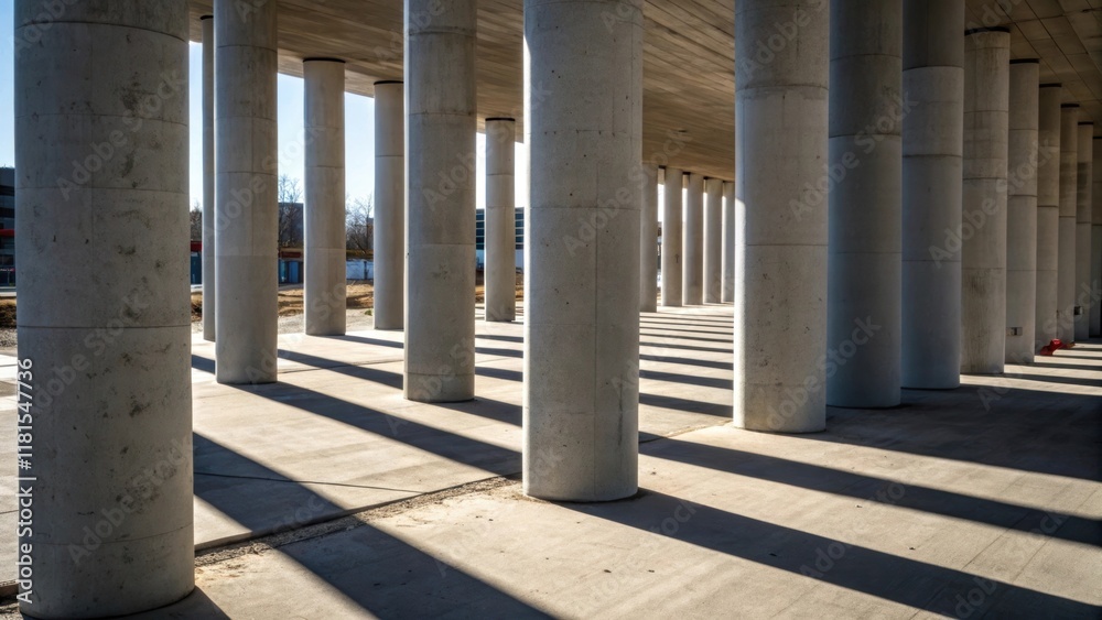 Poster A diagonal perspective of several precast concrete columns standing upright their tops aligned perfectly. Bright sunlight casts elongated shadows at their bases creating a dramatic