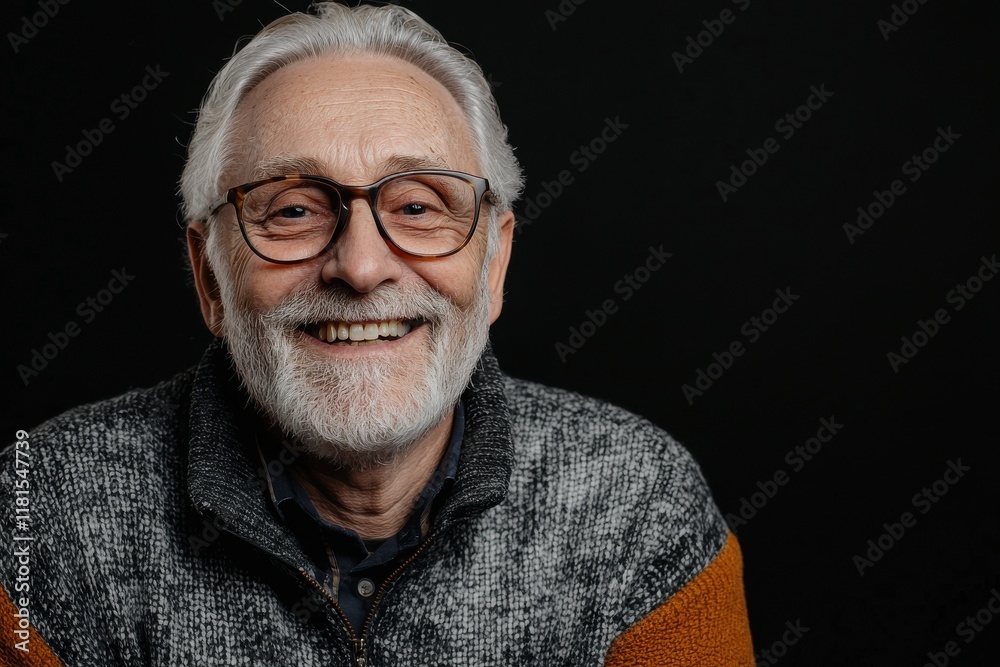 Poster a portrait of a senior man with a kind smile isolated on a black background
