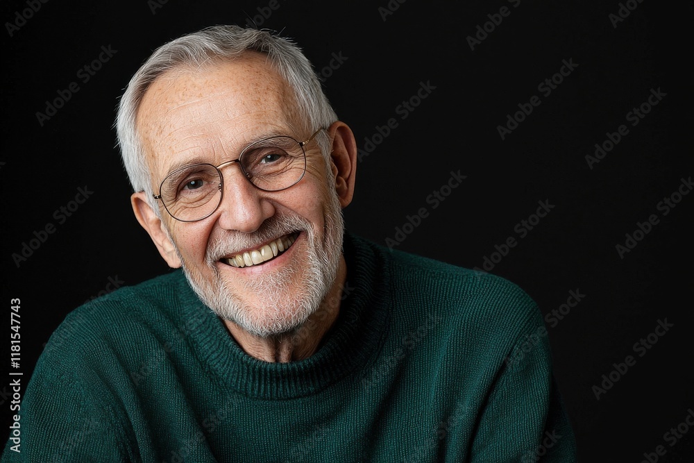 Poster a portrait of a senior man with a kind smile isolated on a black background