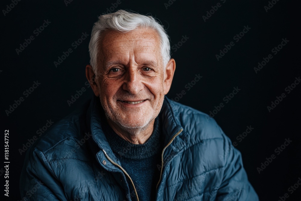 Poster a portrait of a senior man with a kind smile isolated on a black background