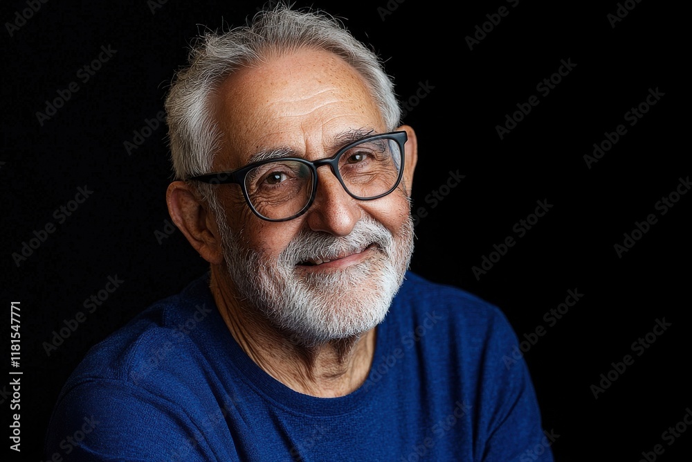 Poster a portrait of a senior man with a kind smile isolated on a black background