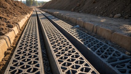 A diagonal perspective captures the interplay of light and shadow a a series of stacked drainage grates their edges casting intricate shapes on the ground below. The trench
