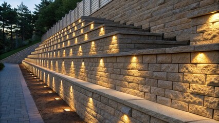 A diagonal perspective of the retaining wall revealing the staggered arrangement of the stone veneer blocks. The play of light creates a dynamic series of highlights and shadows