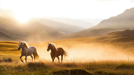 Two horses running freely in dusty open field at sunset